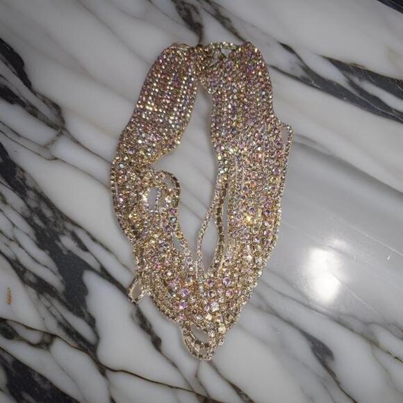 Iridescent Rhinestone Gold Multi-Strand Choker Necklace Sparkling‎ Statement - Picture 3 of 3